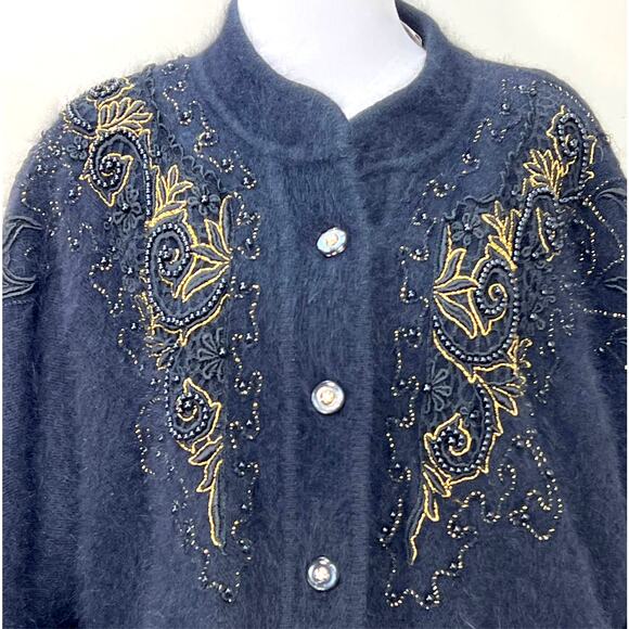 Vintage Belldini Angora Cardigan Medium Black Gold Embellished Beading Lined - Picture 3 of 13